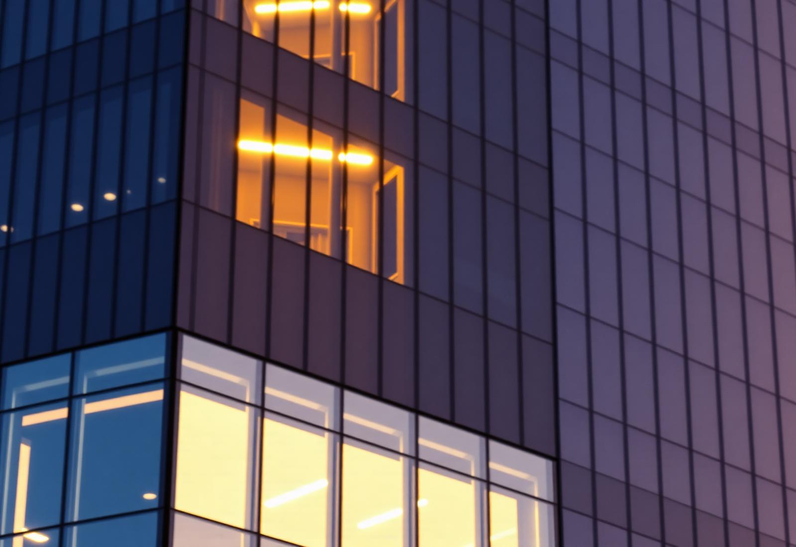 Financial district office tower at dusk